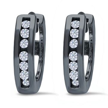 Half Eternity Hoop Earrings Round Black Tone, Simulated CZ 925 Sterling Silver (11mm)